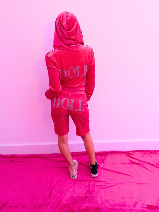 Classic Summer Doll 2-Piece Velvet Tracksuit – Hoodie & Capri Joggers